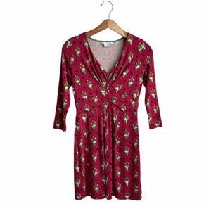Boden Red Floral V-Neck 3/4 Sleeve Jersey Knit Dress 6